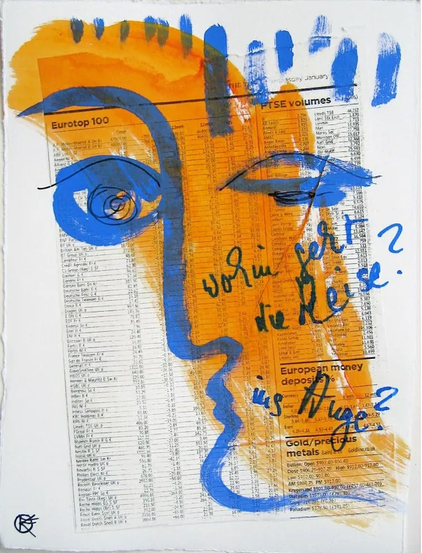 "Wohin geht die Reise?" — 2008, Serie Eyes, Mischtechnik, Zeitung, Acryl
