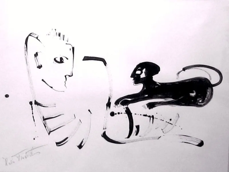 "Katzenfrau" — Acryl, Bütten, 50 × 70 cm (Privatbesitz)