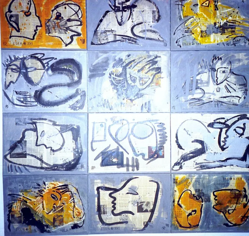 Die Welt auf den Kopf gestellt — Acryl, Zeitung, Leinwand, 12-teilig à 60 × 80 cm
