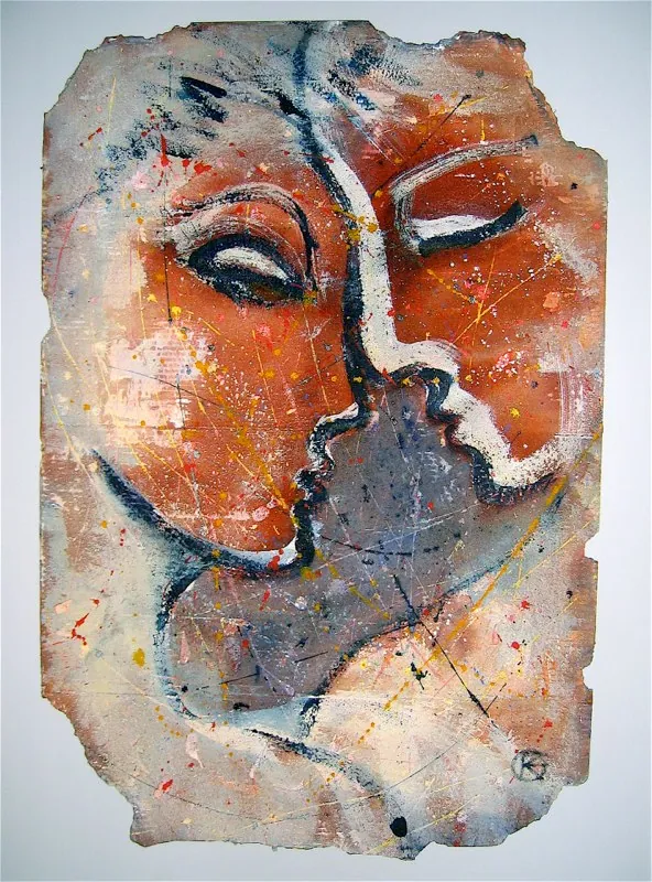"Paar" — 2008, Acryl, Sand, gerissene Wellpappe auf Hartfaser, 110 × 80 cm (Privatbesitz)