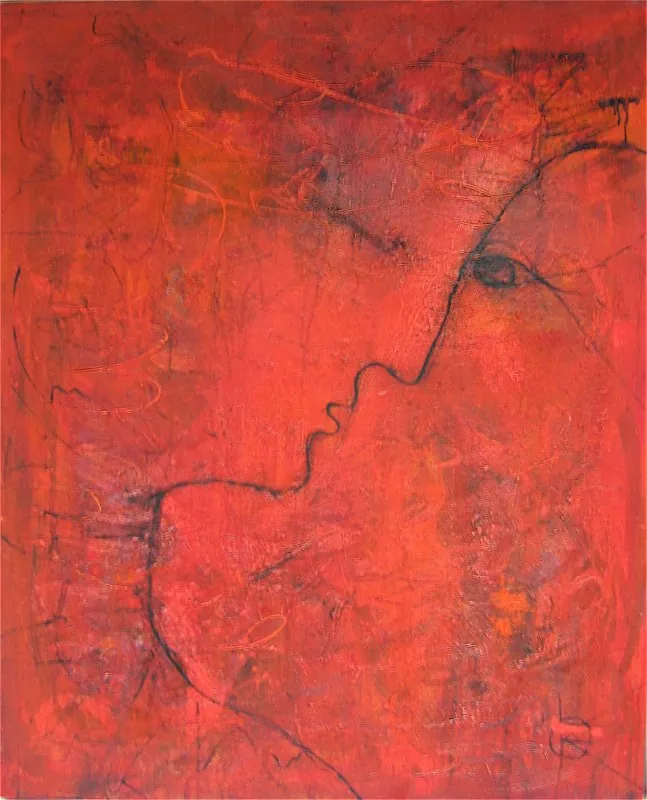 "Profilo rot" — Öl, Sand, Leinwand, 80 × 60 cm