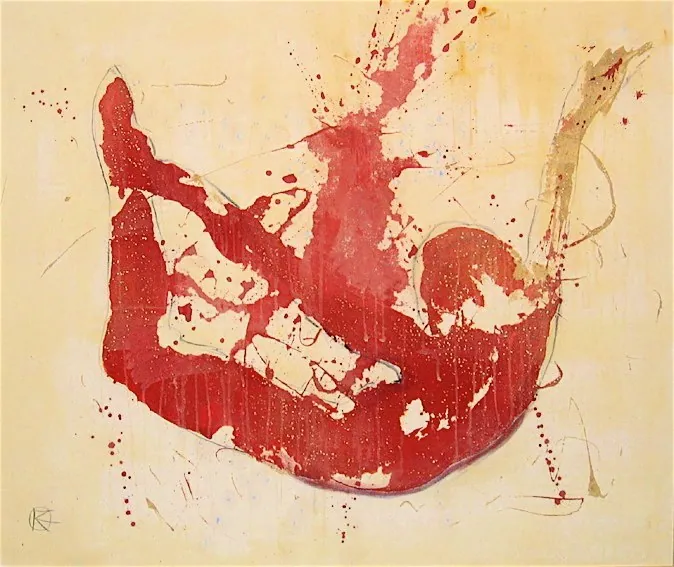 "Schwerelos" — Acryl, Kohle, Sand auf Baumwolle, 101 × 118 cm (Privatbesitz)