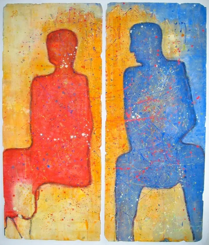 "Zerrissen — jeder ist eine Insel" — Hommage an Paula M.-B., Acryl, Sand, gerissene Wellpappe, 2-teilig montiert, 156 × 112 cm